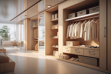 Modern wardrobe in the room.