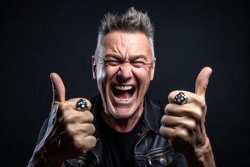 Headshot portrait photography of a grinning mature man making a rock on or rock horns gesture with the hand against a metallic silver background. With generative AI technology