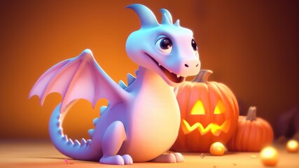 3d cute blue dragon character on blurred background with halloween pumpkin ornament