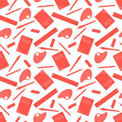 Seamless monochrome red pattern with school supplies: rulers,brushes,pencils,notebooks.Changeable pattern background.Flat illustration on white background.School and student education.