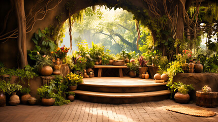 Fototapeta na wymiar A rustic wooden stage, nestled amidst a serene garden setting, perfect for organic products