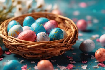 Fototapeta na wymiar Easter Eggs in Wicker Basket. Selective Focus