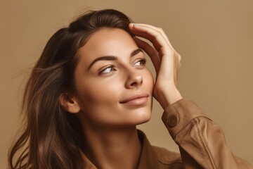 Naklejka premium Close-up portrait photography of a satisfied girl in her 30s putting the hand on the forehead to look for someone in the distance against a warm taupe background. With generative AI technology
