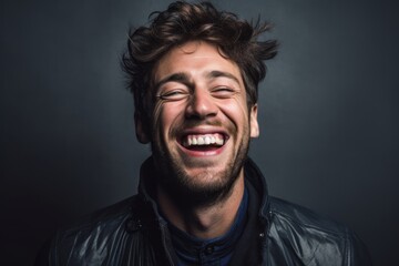 Obraz premium Lifestyle portrait photography of a joyful boy in his 30s winking against a cool gray background. With generative AI technology