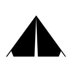 Fototapeta premium Black silhouette of tourist camping tent isolated on white. Campsite cartoon illustration. Travel and recreation concept. Simple black and white vector