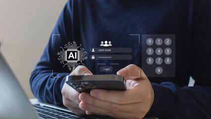 AI with cyber security concept, Businessman use AI technology login and password to protect personal data and detect virus, protection and secured internet access, technology and networking.