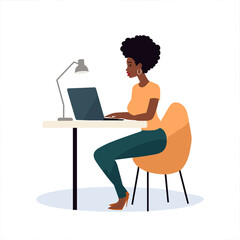 Black woman sits at her desk working on her computer,  style of animated illustration.