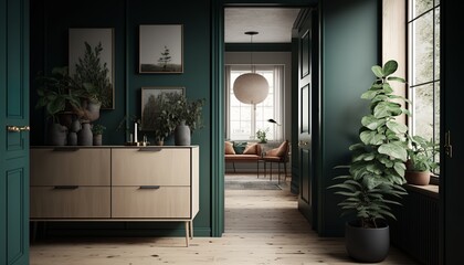 Japandi interior style green colored bright hallway with natural wood furnitures and bonsai tree