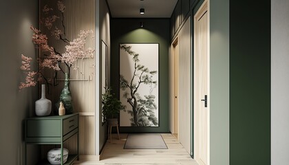 Japandi interior style green colored bright hallway with natural wood furnitures and bonsai tree