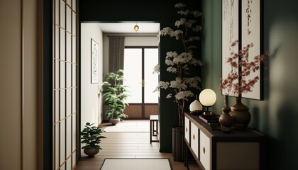 Japandi interior style green colored bright hallway with natural wood furnitures and bonsai tree
