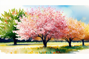 Watercolor drawing. A blooming peach tree in the garden