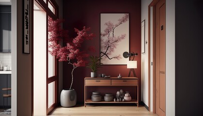 Japandi interior style cherry colored bright hallway with natural wood furnitures and bonsai tree