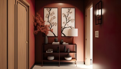 Japandi interior style cherry colored bright hallway with natural wood furnitures and bonsai tree