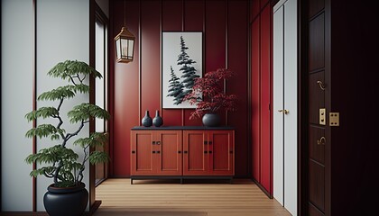 Japandi interior style cherry colored bright hallway with natural wood furnitures and bonsai tree