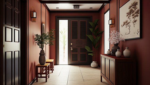 Japandi interior style cherry colored bright hallway with natural wood furnitures and bonsai tree