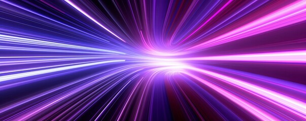 3d render, abstract panoramic background with tunnel turn. Bright purple pink neon rays and lines glowing in ultraviolet light, Generative AI - obrazy, fototapety, plakaty