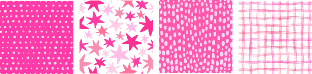 Vibrant pink seamless vector pattern set with irregular polka dot shapes, stars on white and checkered plaid design for modern fashion backgrounds, decor and invitations - 641707465