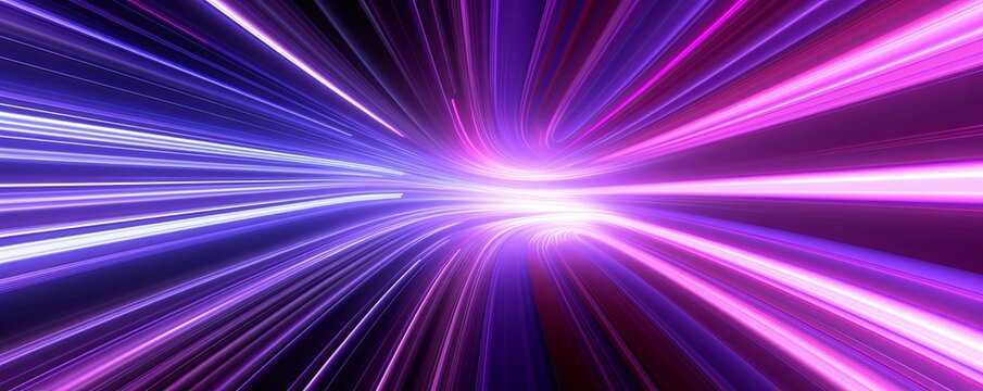 Fototapeta 3d render, abstract panoramic background with tunnel turn. Bright purple pink neon rays and lines glowing in ultraviolet light, Generative AI