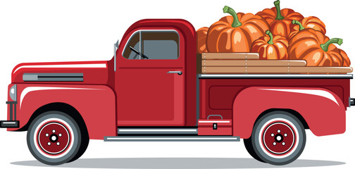 Pumpkins in a red pickup truck - obrazy, fototapety, plakaty