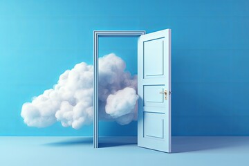 3d render, white fluffy clouds going through, flying out, open door, objects isolated on blue background. Door to haven abstract metaphor, modern minimal concept. Surreal dream, Generative AI