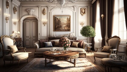 Fototapeta na wymiar Bright luxurious royal living room with elegant furnitures, giant windows and antique chandelier