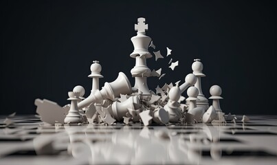 3d rendering, aggressive chess game white queen attacks and destroys other pieces. Damage metaphor, stressful situation, fight concept, Generative AI