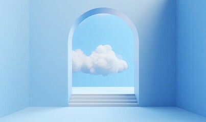3d render, abstract blue minimalist background. White clouds flying out from the arch portal. Business metaphor. Minimalist wallpaper, Generative AI