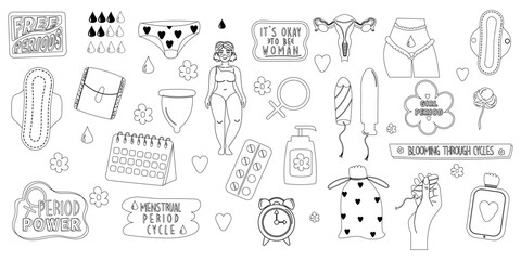 Outline feminine hygiene products collection with lettering. Menstruation period woman.