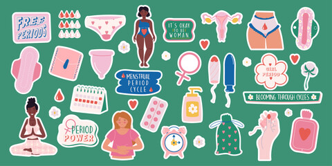 Stickers feminine hygiene products collection hand drawn style and lettering. Menstruation period woman. Female characters  and calendar