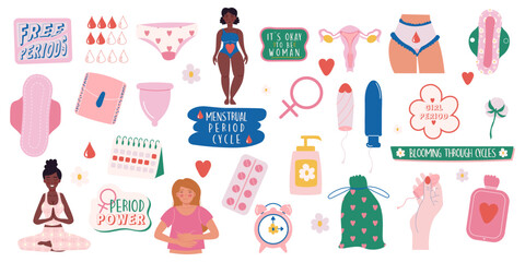Feminine hygiene products collection hand drawn style and lettering. Menstruation period woman. Female characters  and calendar