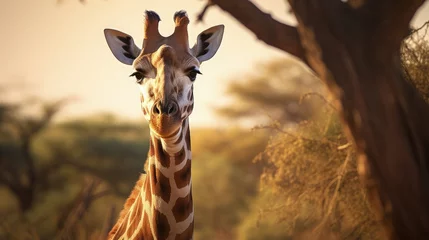 Gardinen Close up portrait of a giraffe head in the african savanna at natural sunlight © Flowal93