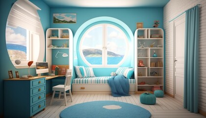 Colorful mediterrean childrens room with a big window and toys