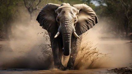 Schilderijen op glas African elephant running through the water in a river in africa during a safari © Flowal93