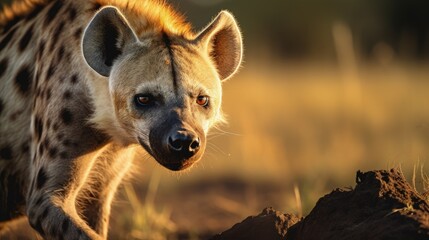Close up portrait of a standing hyena in the african savanna during a safari tour at natural sunlight