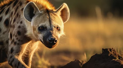 Photo sur Plexiglas Hyène Close up portrait of a standing hyena in the african savanna during a safari tour at natural sunlight