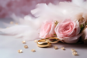 Wedding Background with gold Rings, Eustoma rose flower and light pink feather