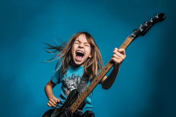 Medium shot portrait photography of a happy kid female making a rock on or rock horns gesture with the hand against a cerulean blue background. With generative AI technology
