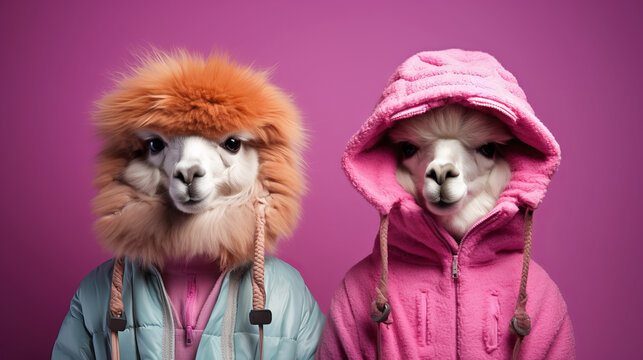 Funny Alpaca. Vintage clothing anthropomorphic two animals. Creative Art Animals fashionable outfits isolated on Pink Background