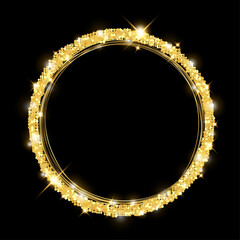 Vector template of shining gold circle  frame round with glitter for Christmas celebration party, New Year card, wedding, bachelorette party, baby shower party, logo. Vector illustration