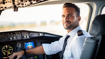 Portrait of handsome male pilot sitting in cockpit of airplane, Attractive smiling male pilot looking at camera