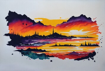 Abstract watercolor background with sunset theme.