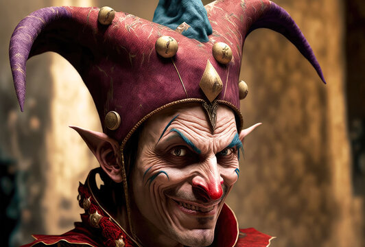 A portrait of a jester. Created with Generative AI. Not a real person.