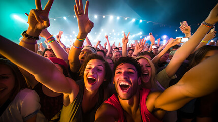 Group of happy friends taking selfie with smartphone while dancing in front of stage on music festival at night