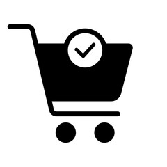 Shopping cart icon in glyph. Add to cart symbol in png. Shopping symbol. Cart icon with checkmark sign