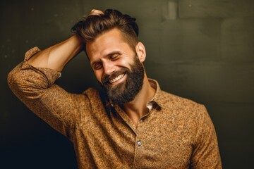 Lifestyle portrait photography of a grinning boy in his 30s scratching head in gesture of confusion against a copper brown background. With generative AI technology