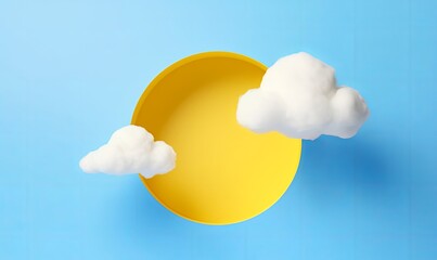 3d rendering, abstract fantasy Easter background. Blue sky inside the round hole on the yellow wall. Flying white clouds. Minimalist modern wallpaper, Generative AI