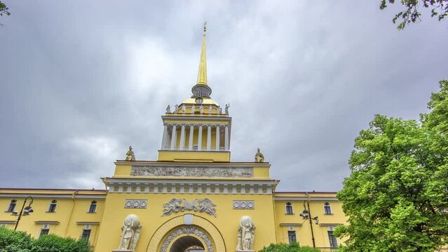 Admiralty Building Timelapse: A.M. Gorchakov Bust at Aleksandrovsky Garden with Cloudy Sky on a Summer Day in the Enchanting City of Saint Petersburg, Russia