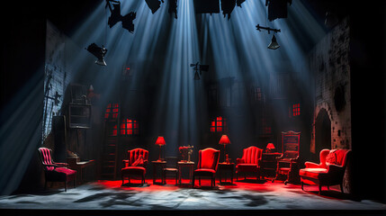 Eerie shadows cast by stage props under dim overhead lights, setting a mood of suspense - obrazy, fototapety, plakaty