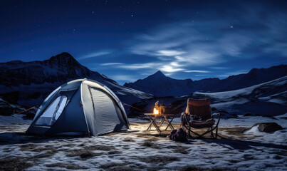 Illuminated tent in snowy mountains under a starry sky. A tranquil alpine camping moment capturing nature's vast splendor. Created by AI tools