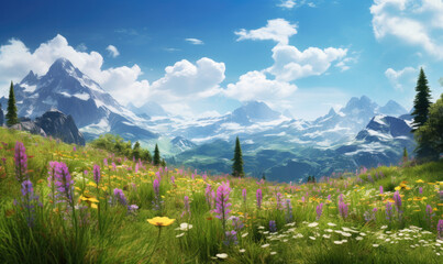 Idyllic alpine meadow filled with colorful wildflowers, with towering mountains as a backdrop. Created by AI tools